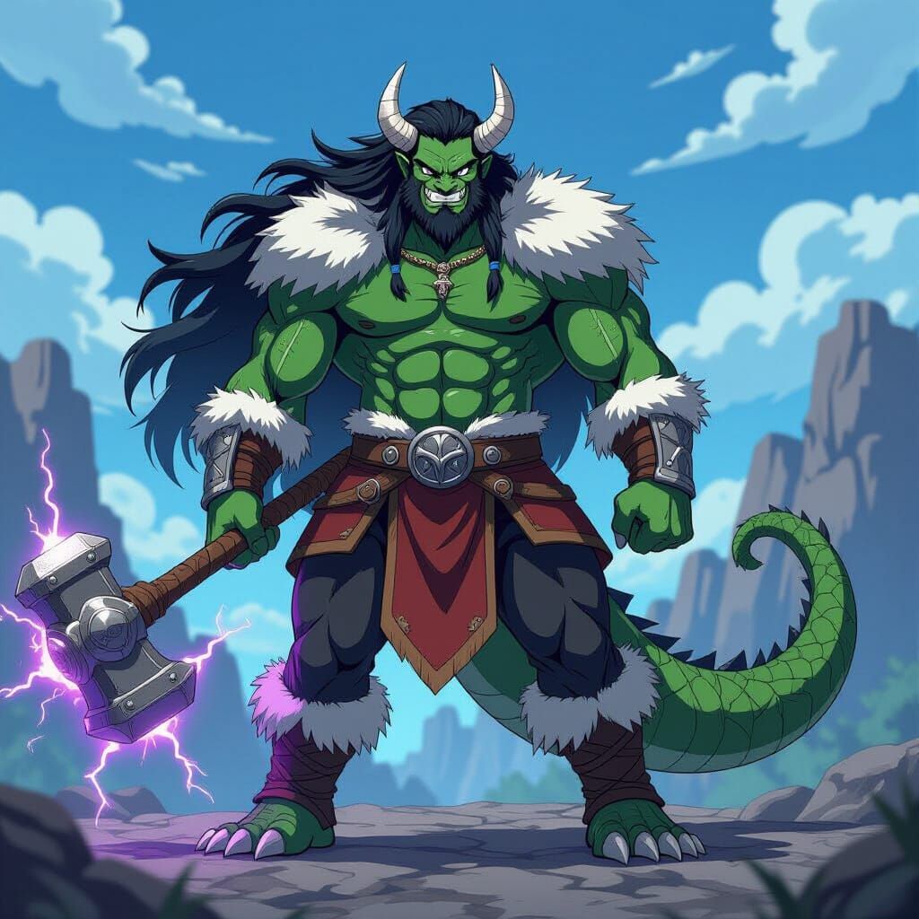 Anime Dragon Man with Lightning Hammer in Cel-Shaded Style