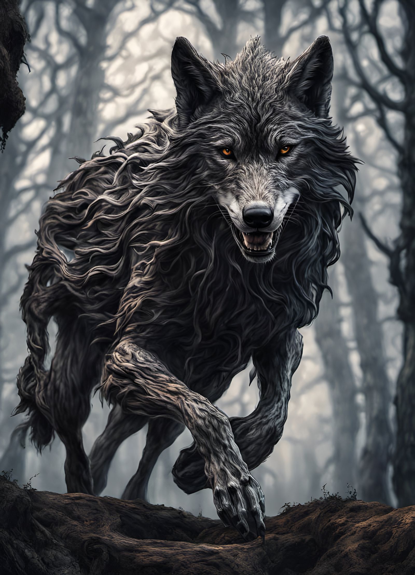Dark Wolf in a Foggy Forest