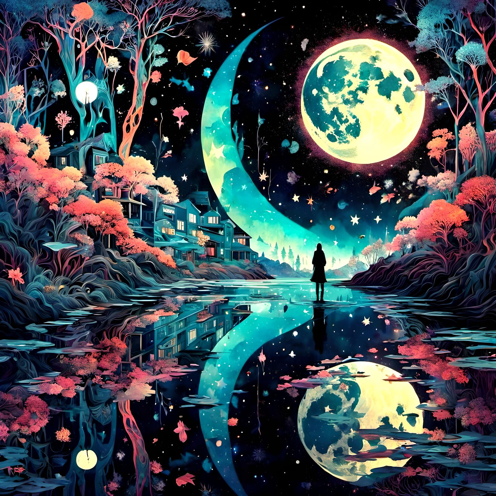 Macabre Starry Reflection: Surreal Silhouette Collage Art