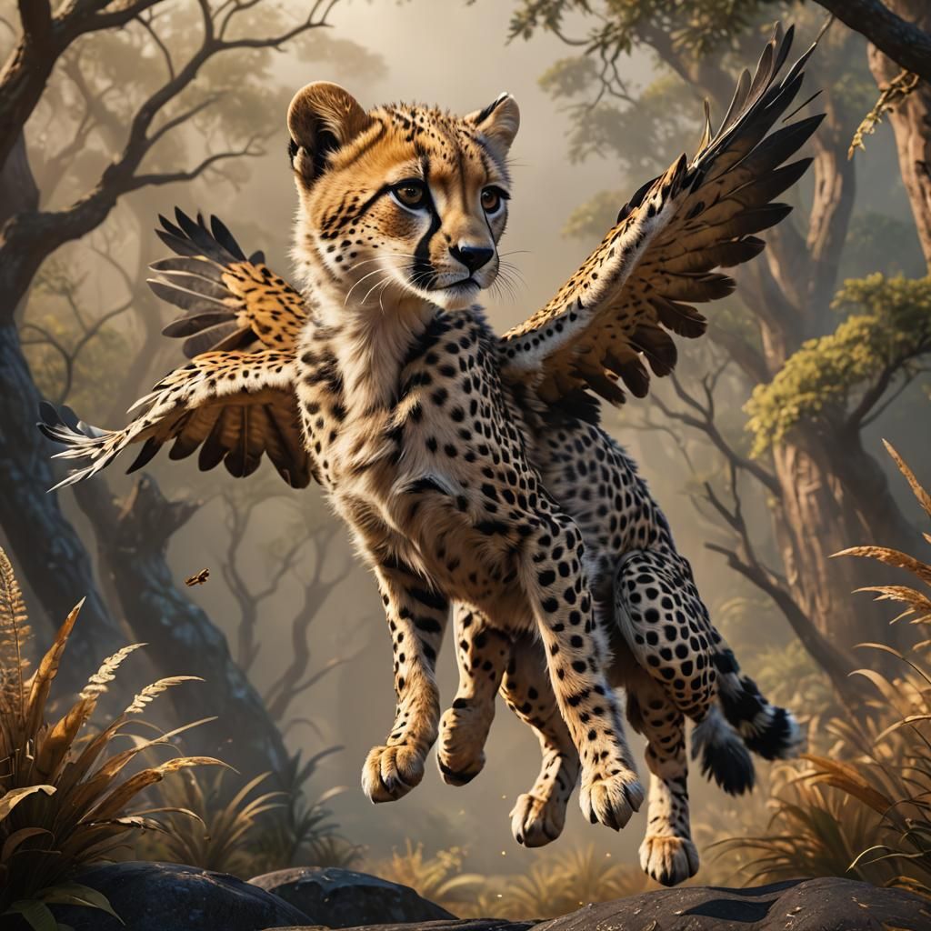 Winged Cheetah Cub Flies: Digital Matte Painting