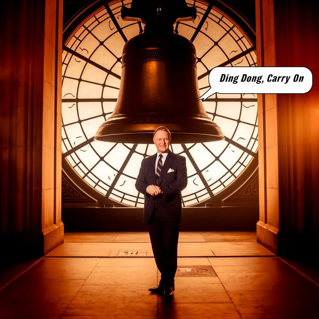 Moustachioed Leslie Phillips,  suave movie star from the 1960s, stands in front of the giant bell, his catchphrase "Ding...