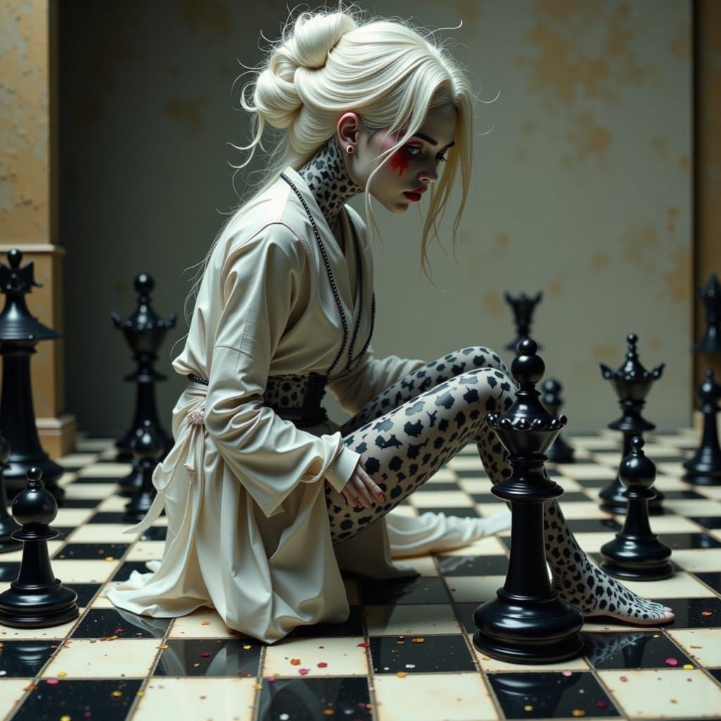 Surreal Figure on Chessboard in Gothic Pen and Ink Style
