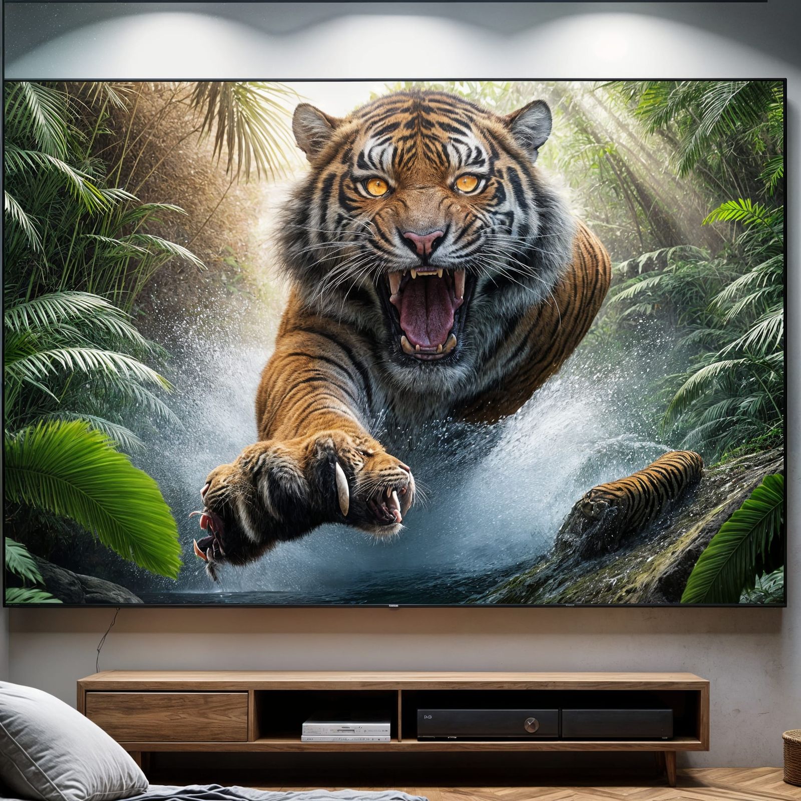Tiger Leaping from Television Screen in 4K