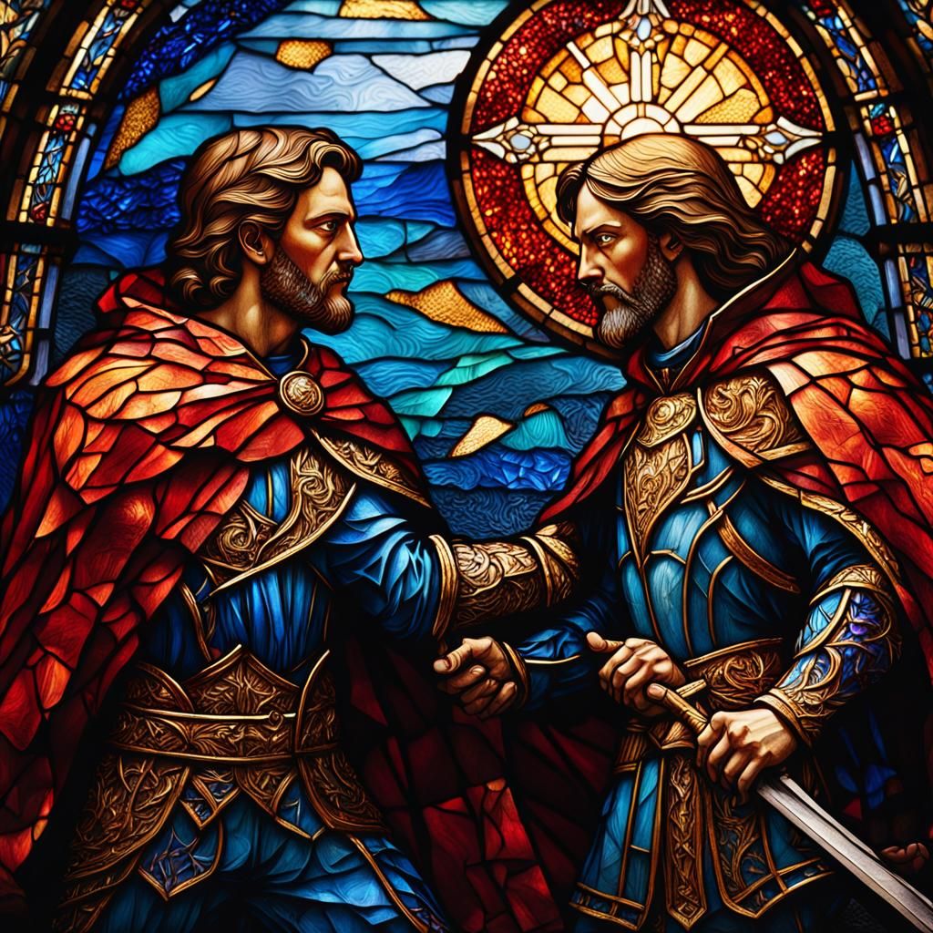 Epic Superhero Battle in Gothic Stained Glass