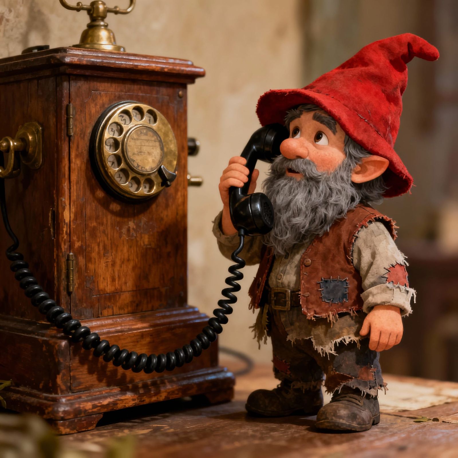 Whimsical Old Telephone Gnome Sitting Quietly