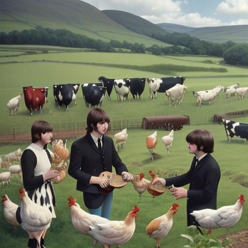 the beatles on their farm in Scotland, feeding chickens