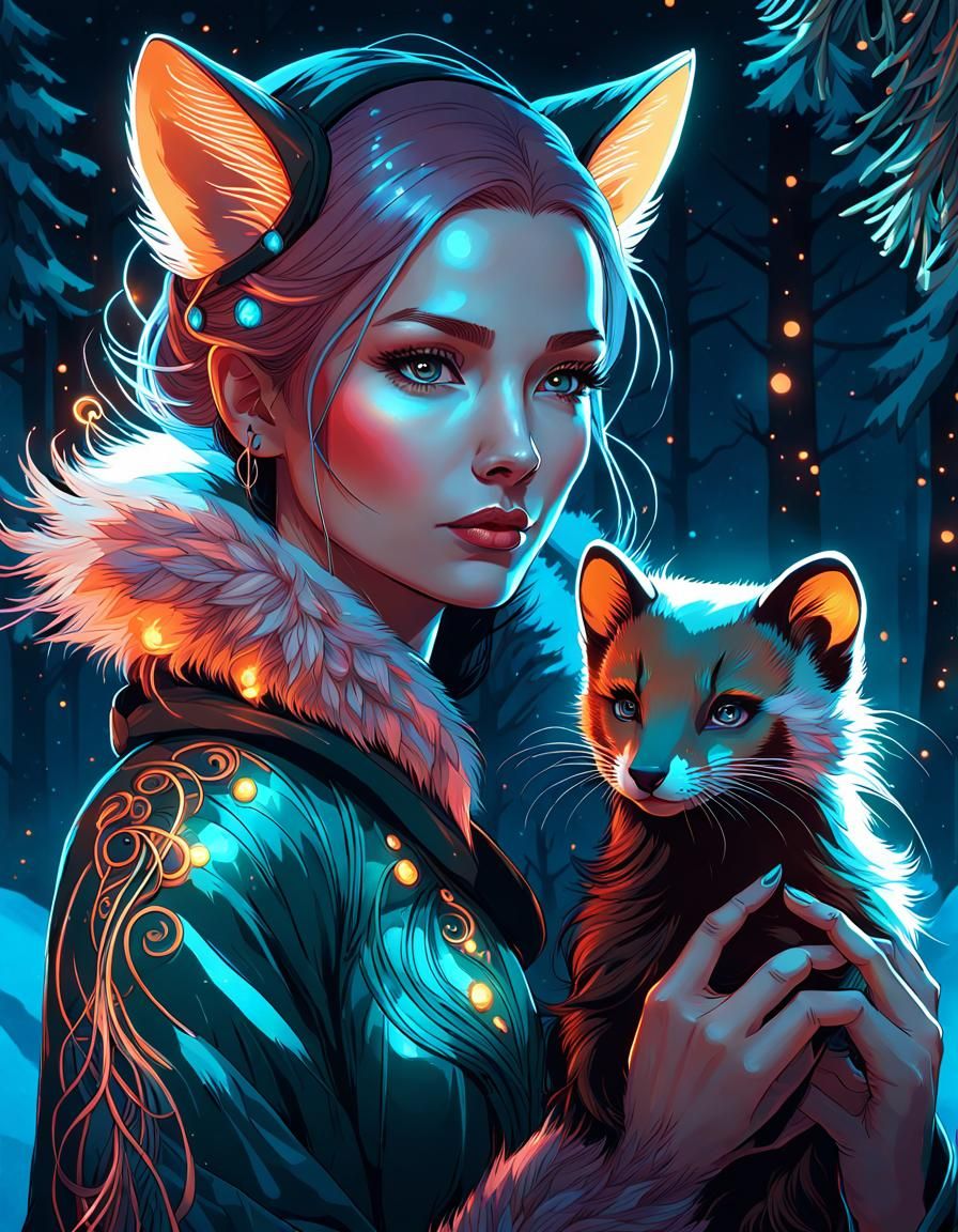 Neon Winter Witch Portrait with Pine Marten