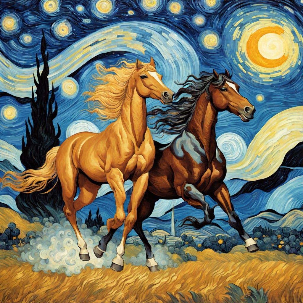 Art Deco Starry Night with Running Horses