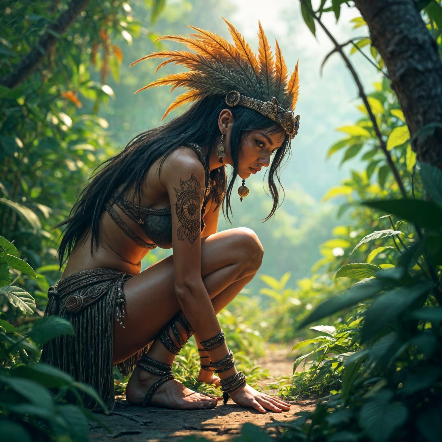 Tribal Woman Spying in Jungle: 3D Anime Art