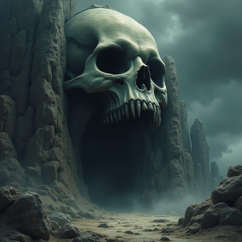 A Haunting Cave Entrance in Eerie, Fantastical Style