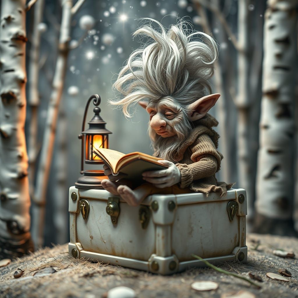Miniature Troll Reading by Lantern Light in Mystical Forest