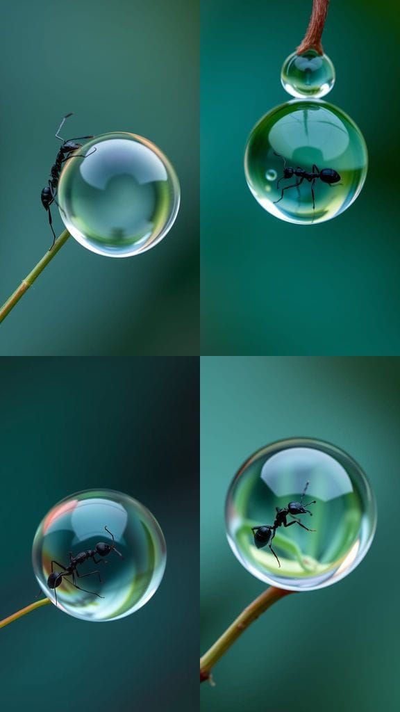 Ant Pushing Water Droplet in Macro Photograph