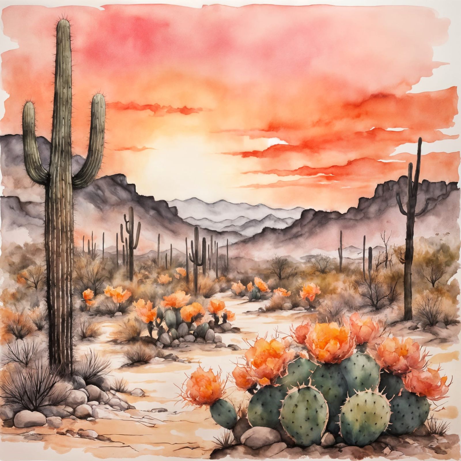 Desert Sunrise with Cacti in Watercolor Style