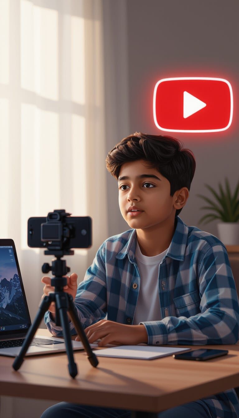 Boy Recording Motivational Video in Hyperrealistic Style