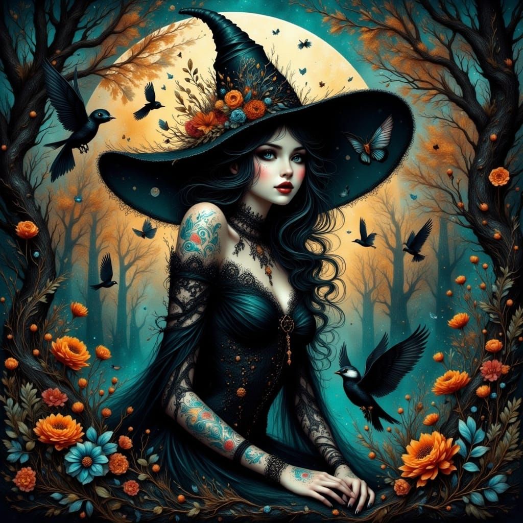 Whimsical Gothic Forest Witch in Watercolor Style