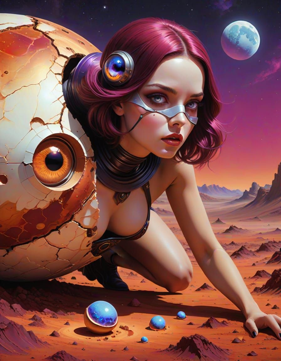 Surreal Woman Crawls From Eggshell on Mars