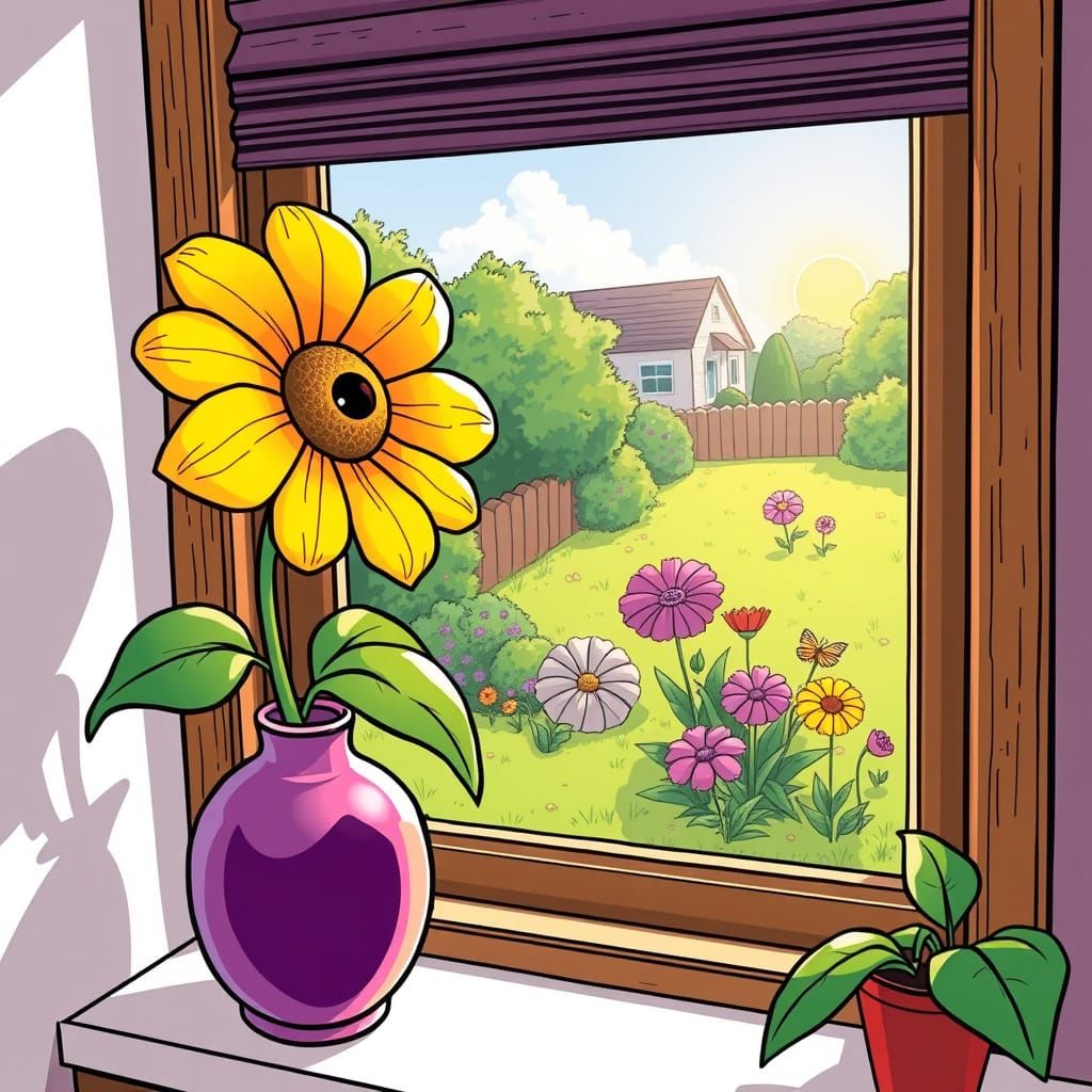 Surreal Flower in Vase Looks Out Longingly at Yard Blooms