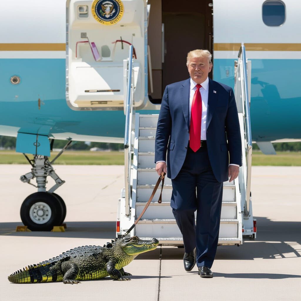 Trump and Alligator on Air Force One Steps