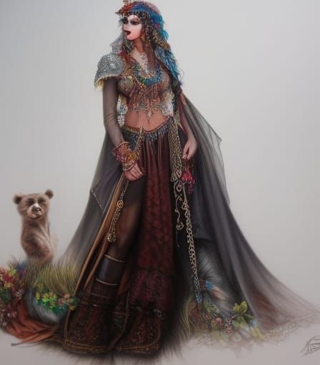 Gypsy Witch and Bear: Hyperdetailed Pencil Sketch