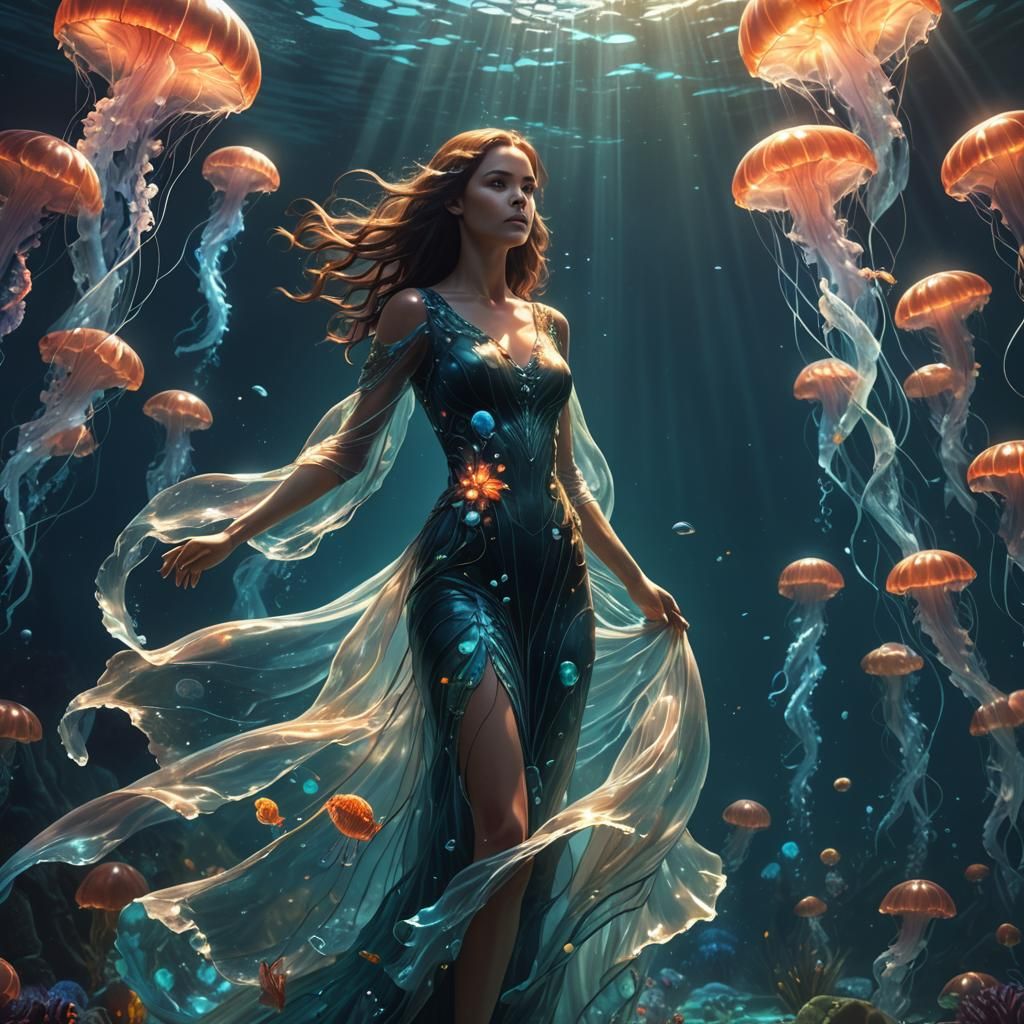 Underwater Woman with Glass Whale in Fantasy Art