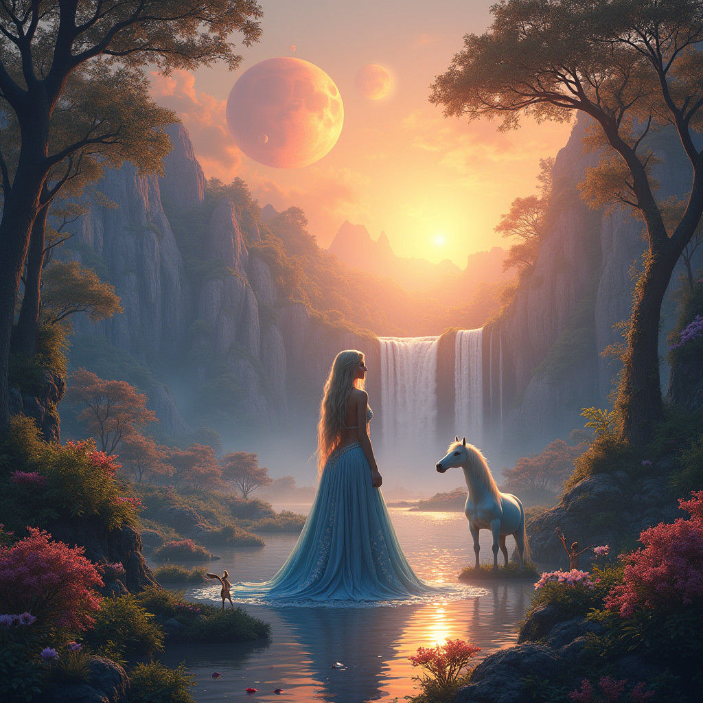Fantasy Princess in Realm of Waterfalls and Magic