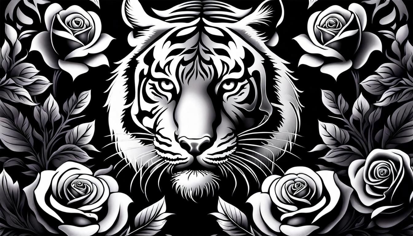Tattoo design: tiger and roses, black and white V2