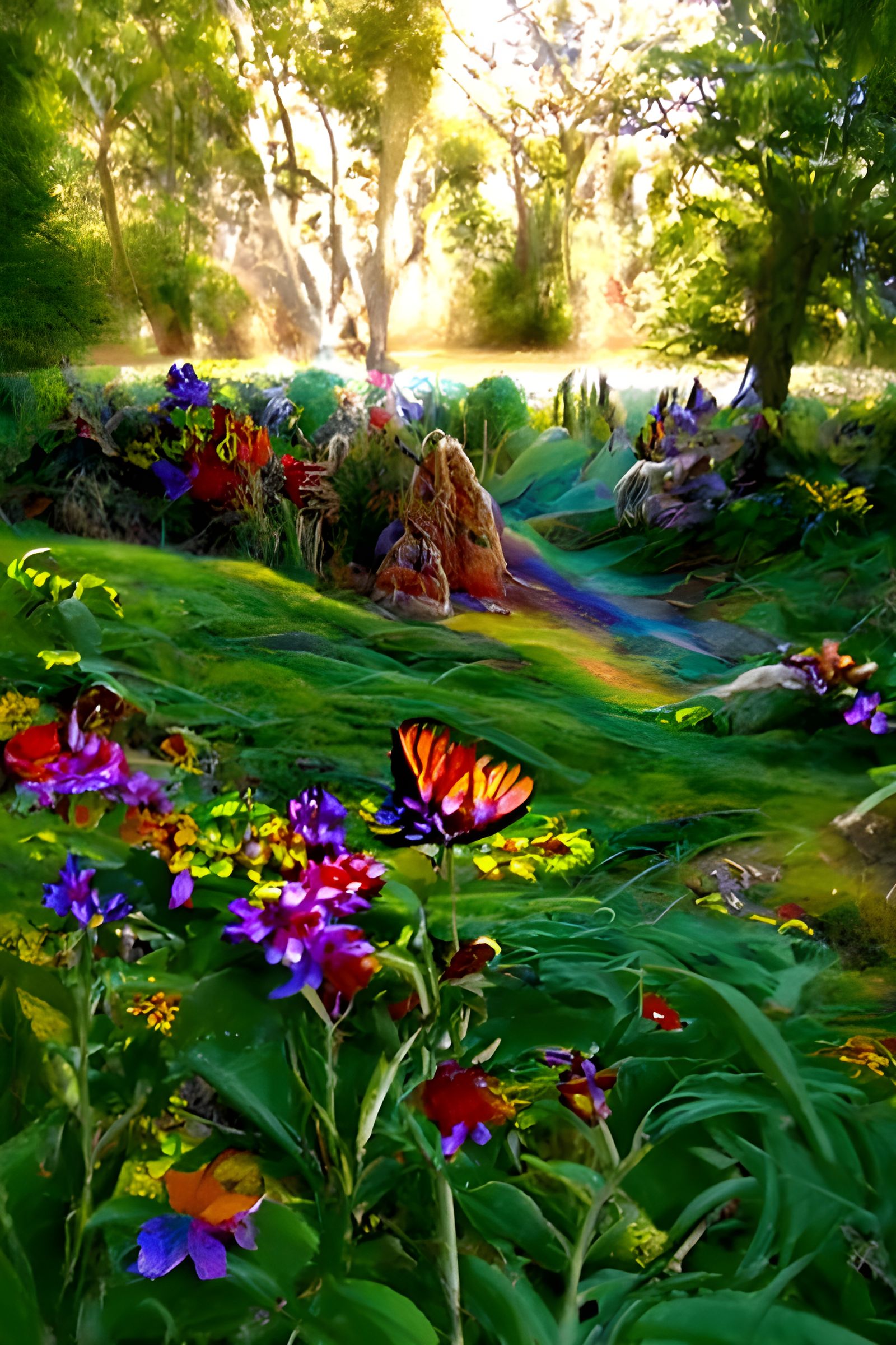 Fantasy Meadow with Colorful Flowers and Butterflies
