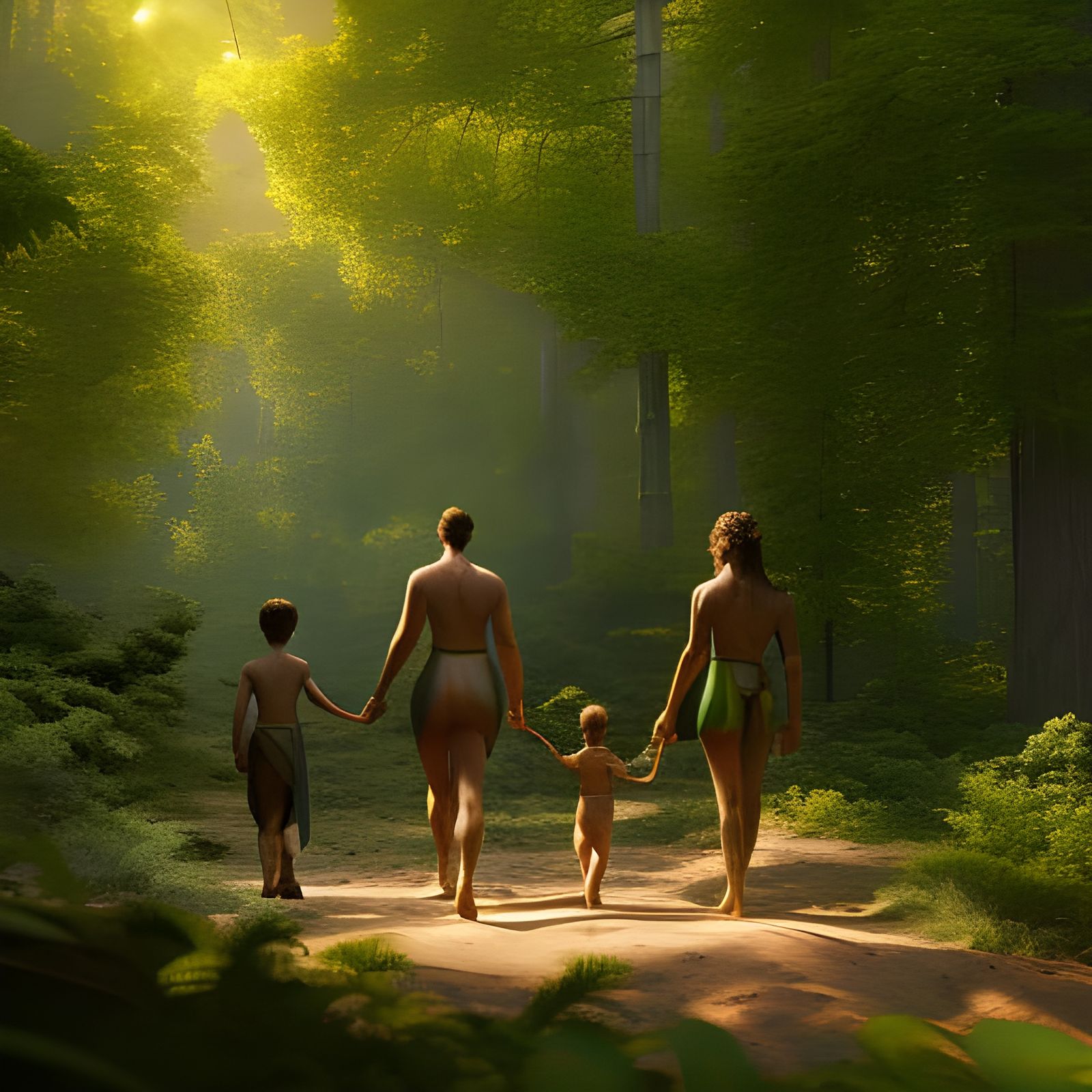 Naturist Family Forest Walk: Detailed Matte Painting