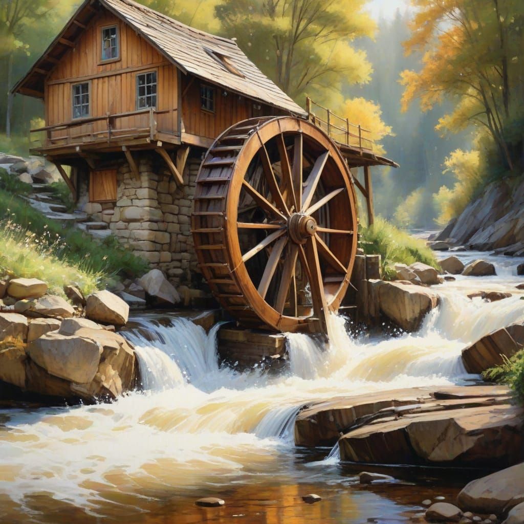 Rustic Waterwheel in Idyllic Rural Landscape