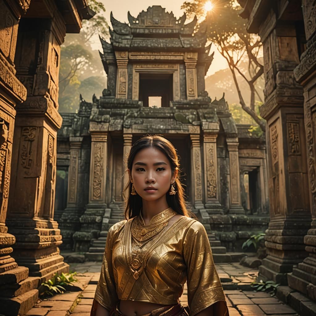 Thai Model in Ancient Temple at Sunrise