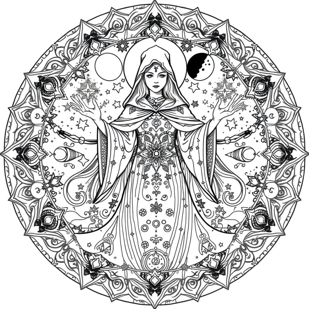 Cosmic Sorceress Mandal in Black and White Line Drawing