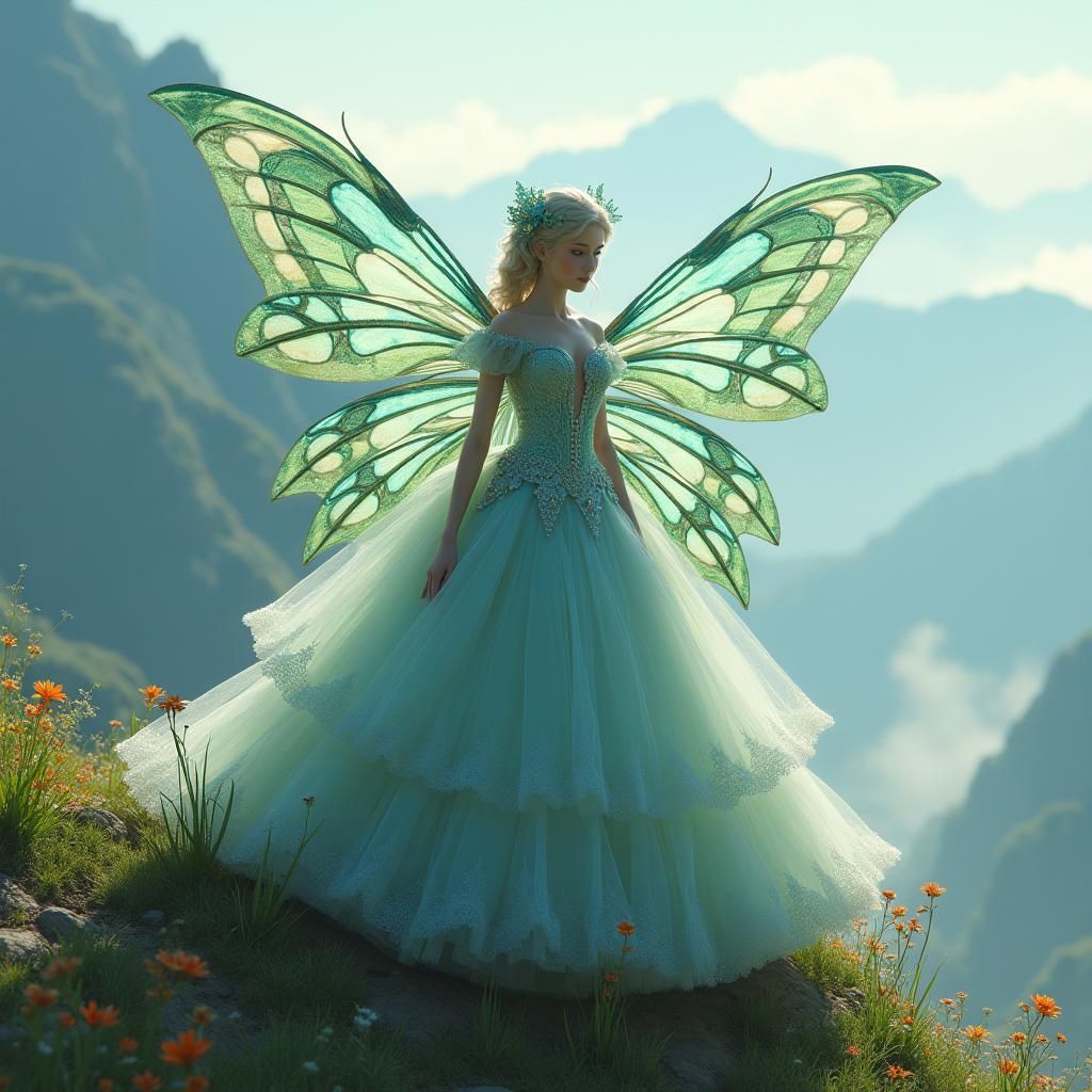 Anime Fairy in Ball Gown on Misty Mountaintop