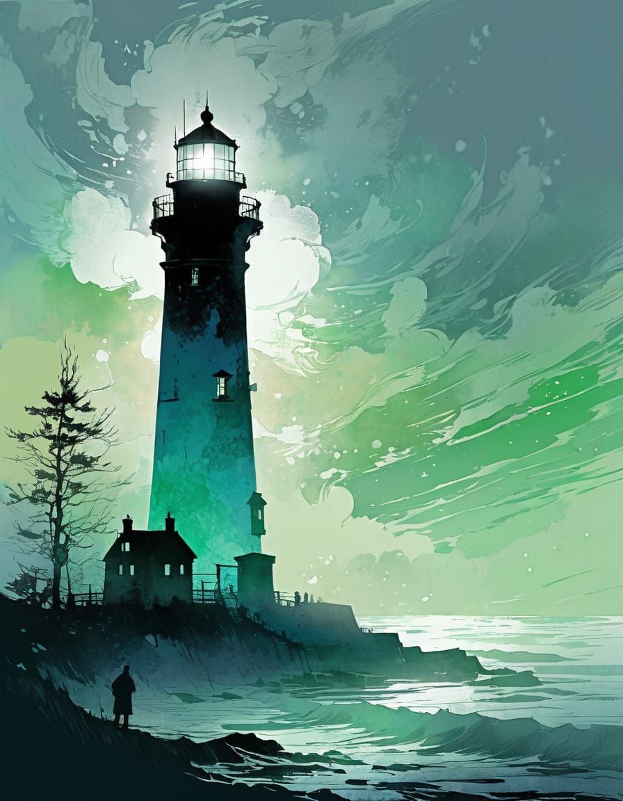 Lighthouse Silhouette in Misty Morning