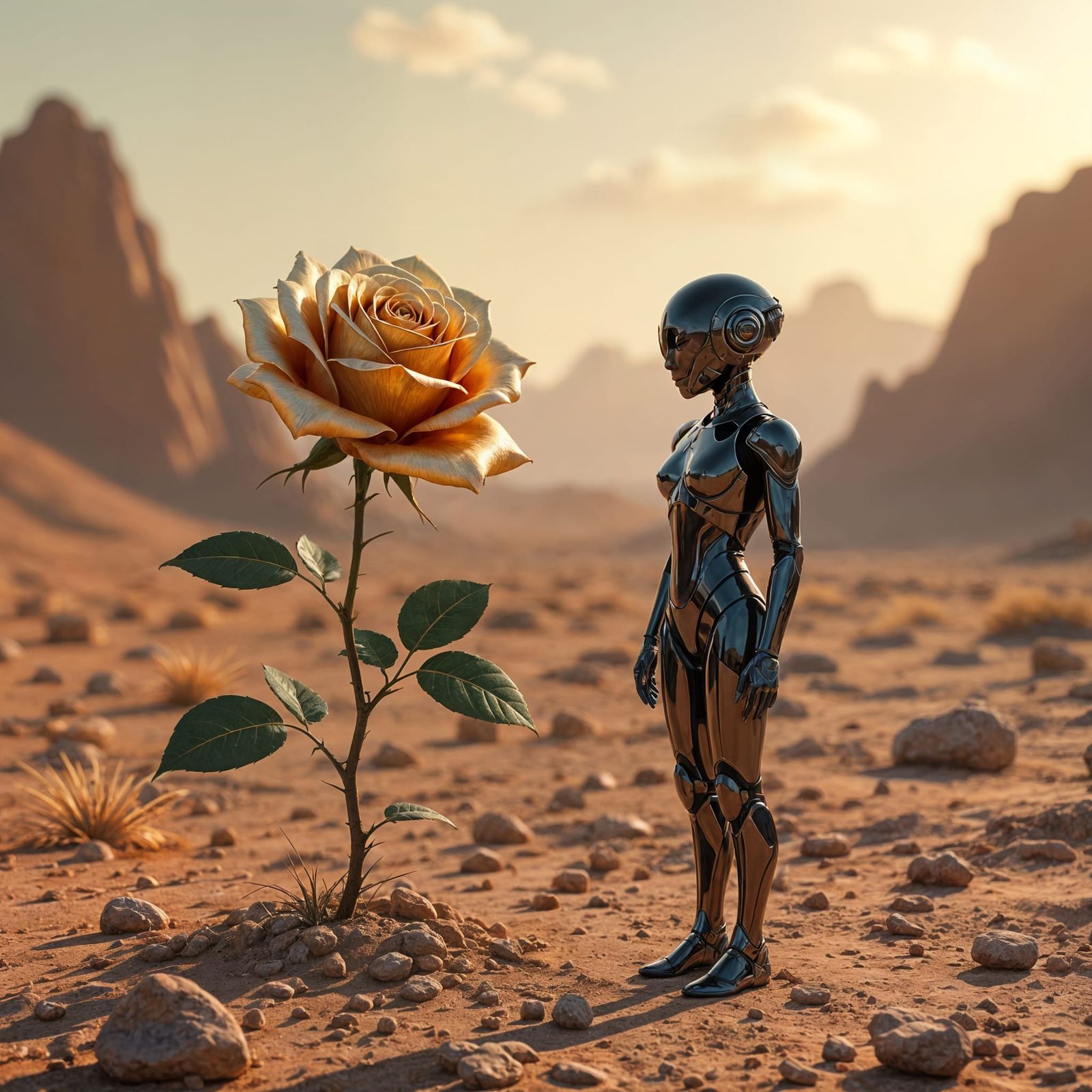 Golden Rose on Alien Planet with Android