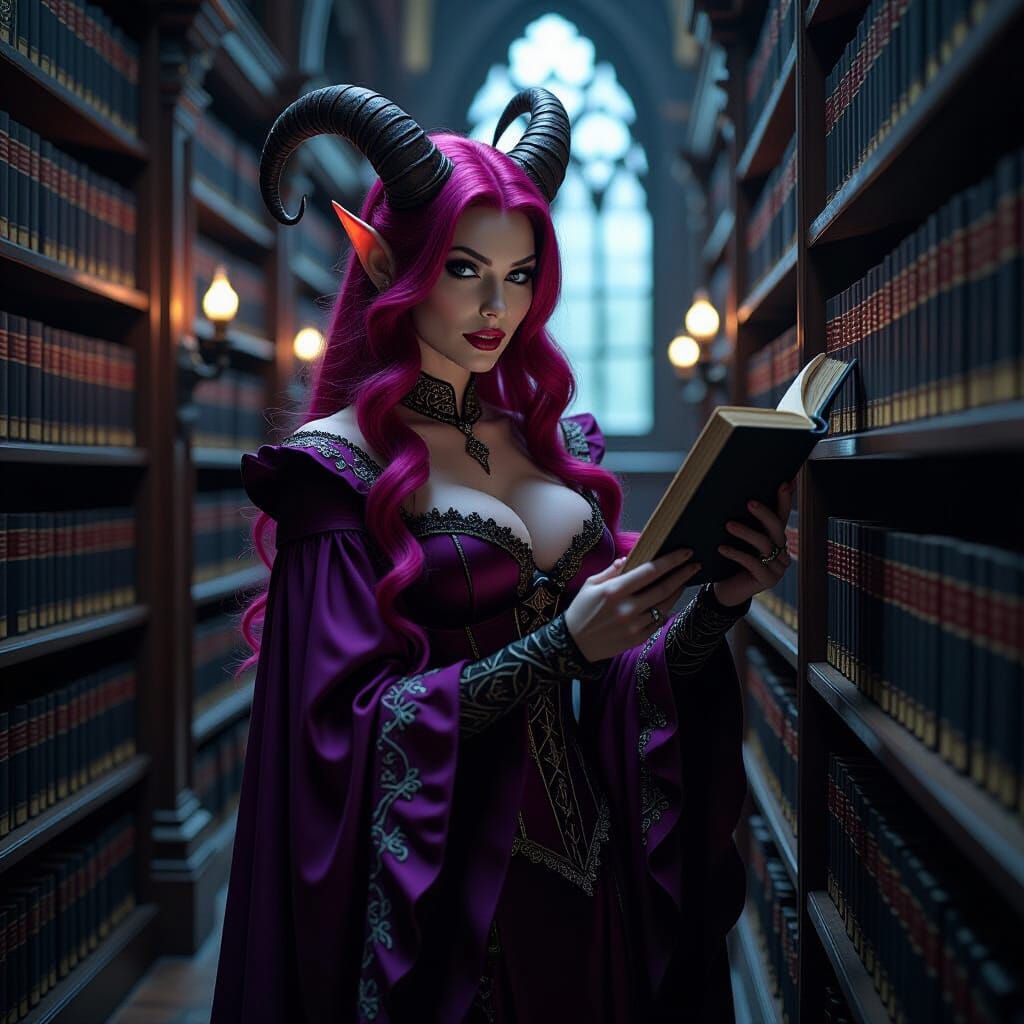 Tiefling Sorceress in Candlekeep Library, Dark Fantasy Style