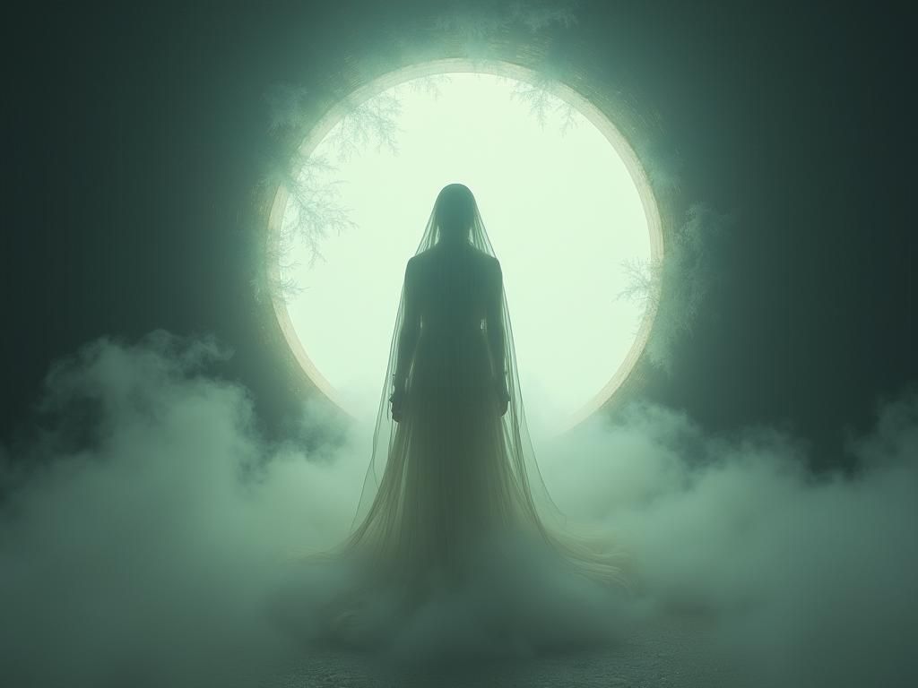 Ethereal Woman at Mystical Portal in Fantasy Art Style