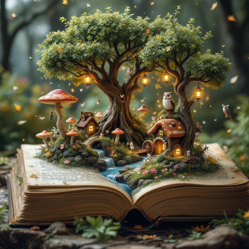 Enchanted Forest Village Rising From Fairy Tale Book