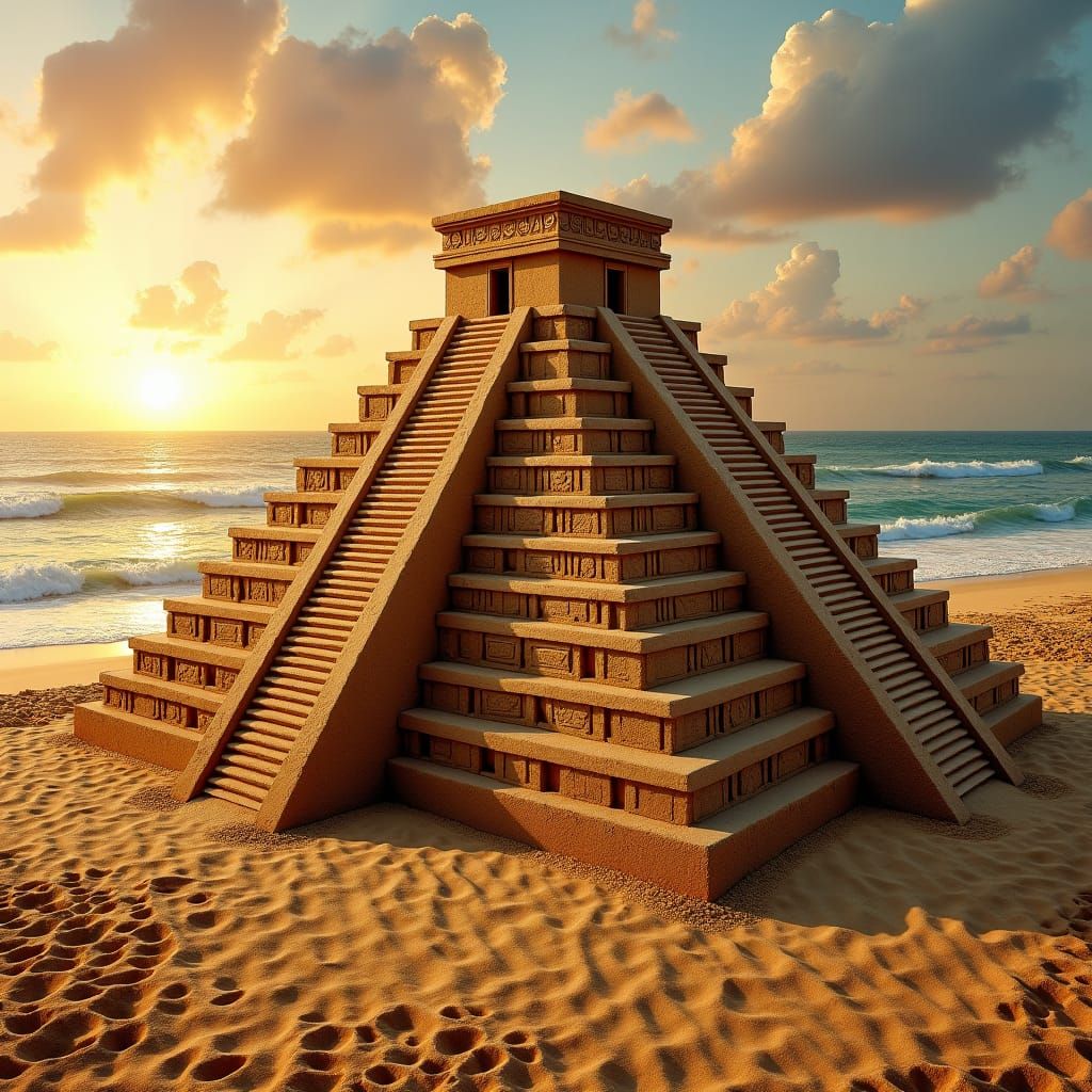 Aztec Pyramid Sand Sculpture in Impressionist Style