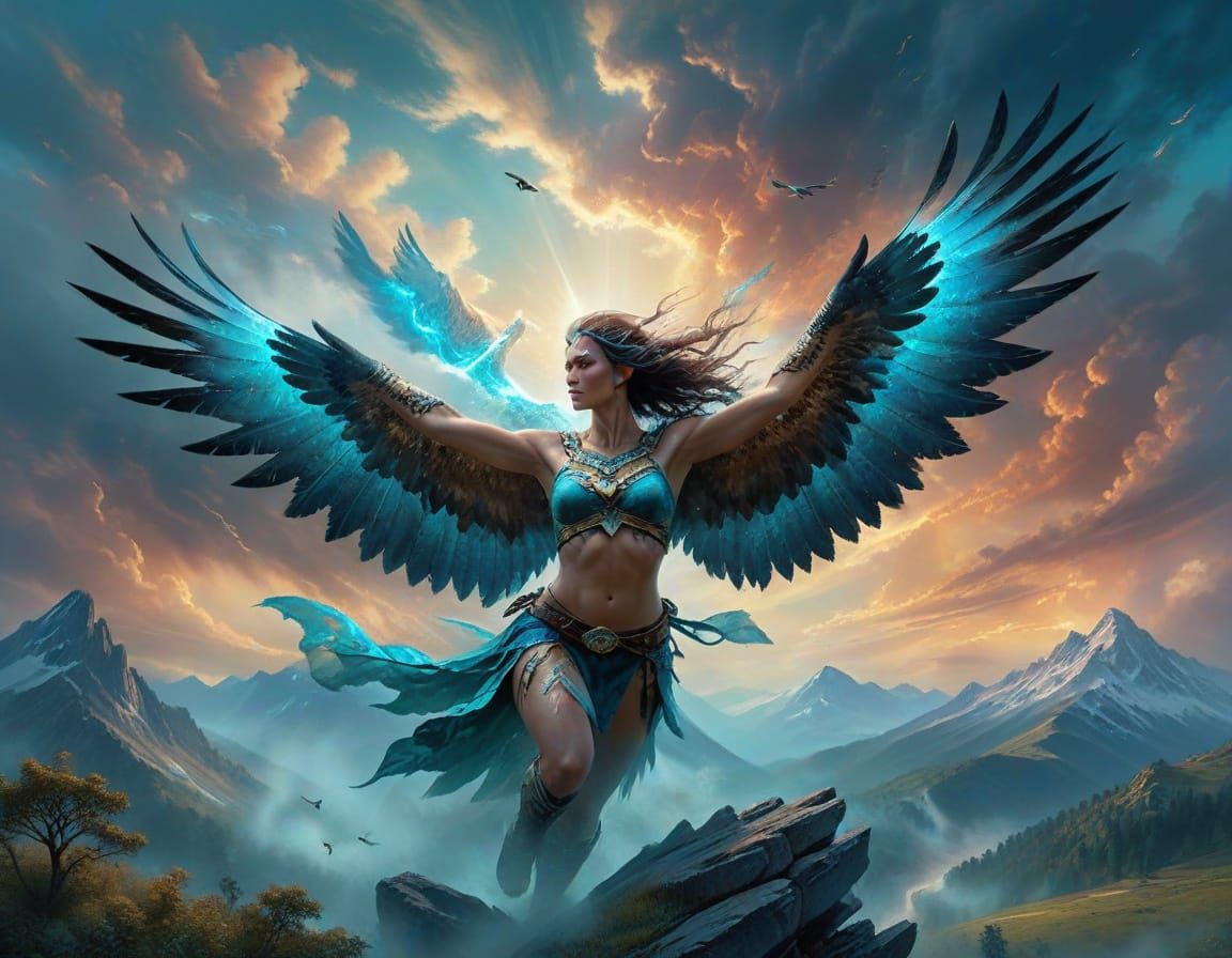Eagle Woman: Double Exposure Fantasy in Turquoise