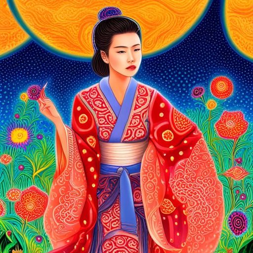 Japanese Priestess in Kimono: Pablo Amaringo Style