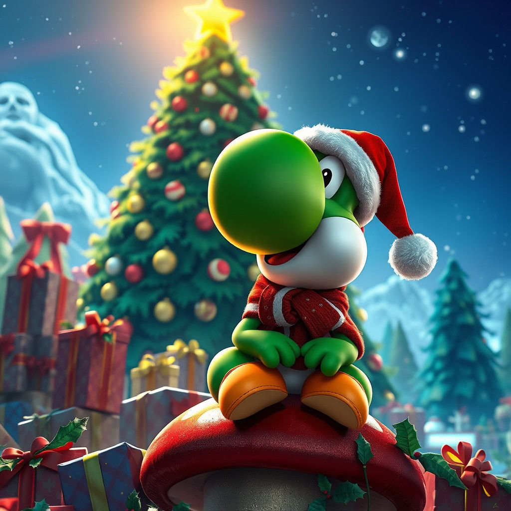 Festive Yoshi in Super Mario World, 8k Hyperrealism