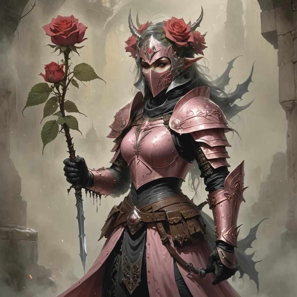Rose Warrior in Gothic Dungeon, Fantasy Art