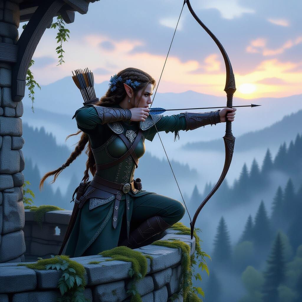 Elven Archer in Misty Forest at Twilight