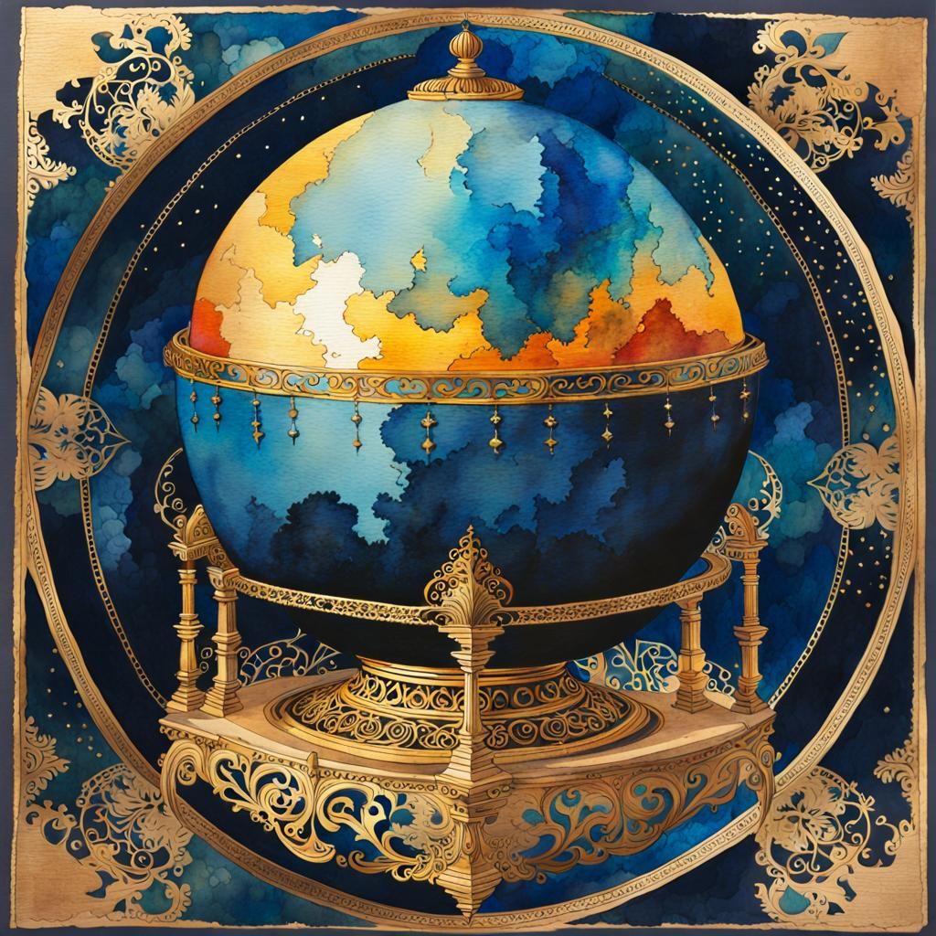 Blue Fire Sphere Watercolor with Vintage Aesthetic