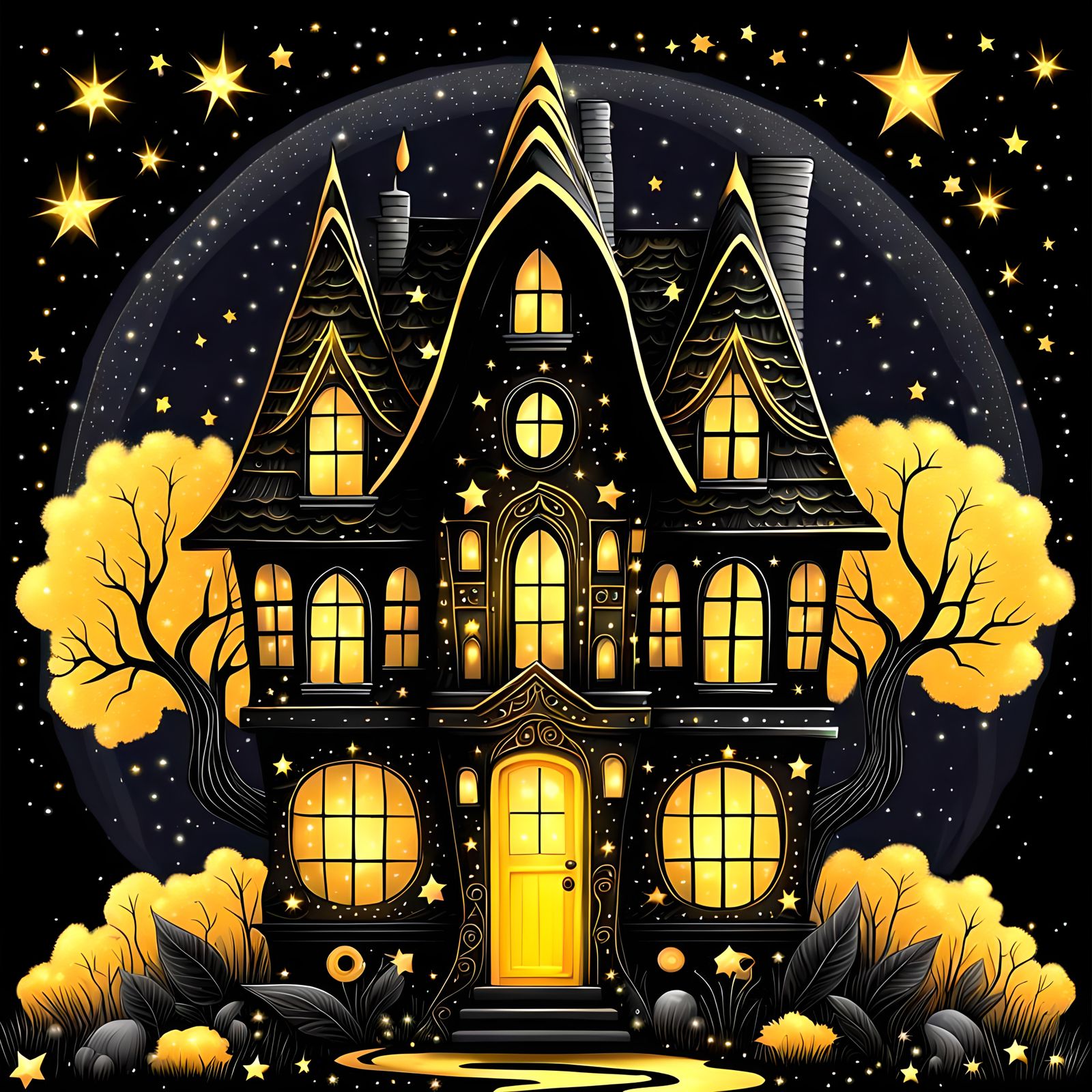Palette black and yellow, fantasy fairy house
