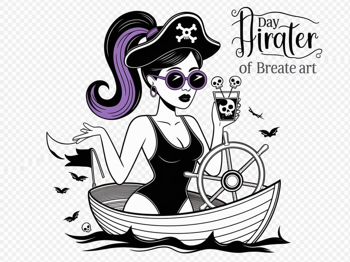 Goth Woman at Helm of Pirate Ship, Vector Art