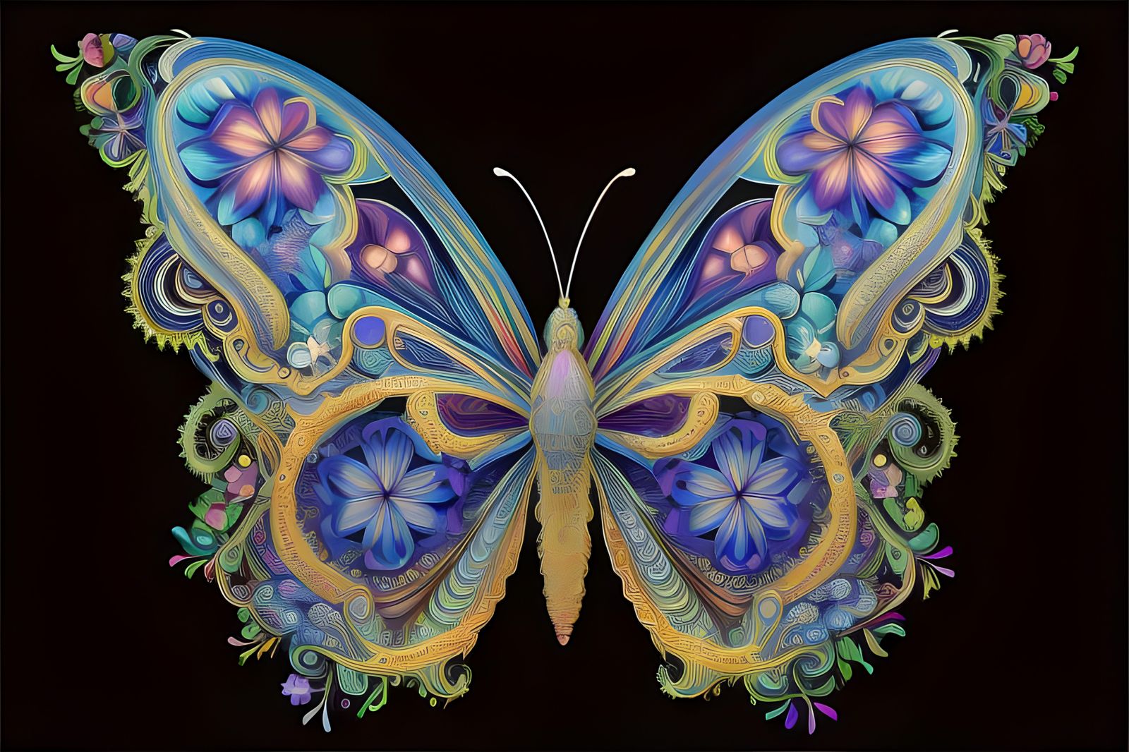 Psychedelic Neon Butterfly in Art Nouveau Style