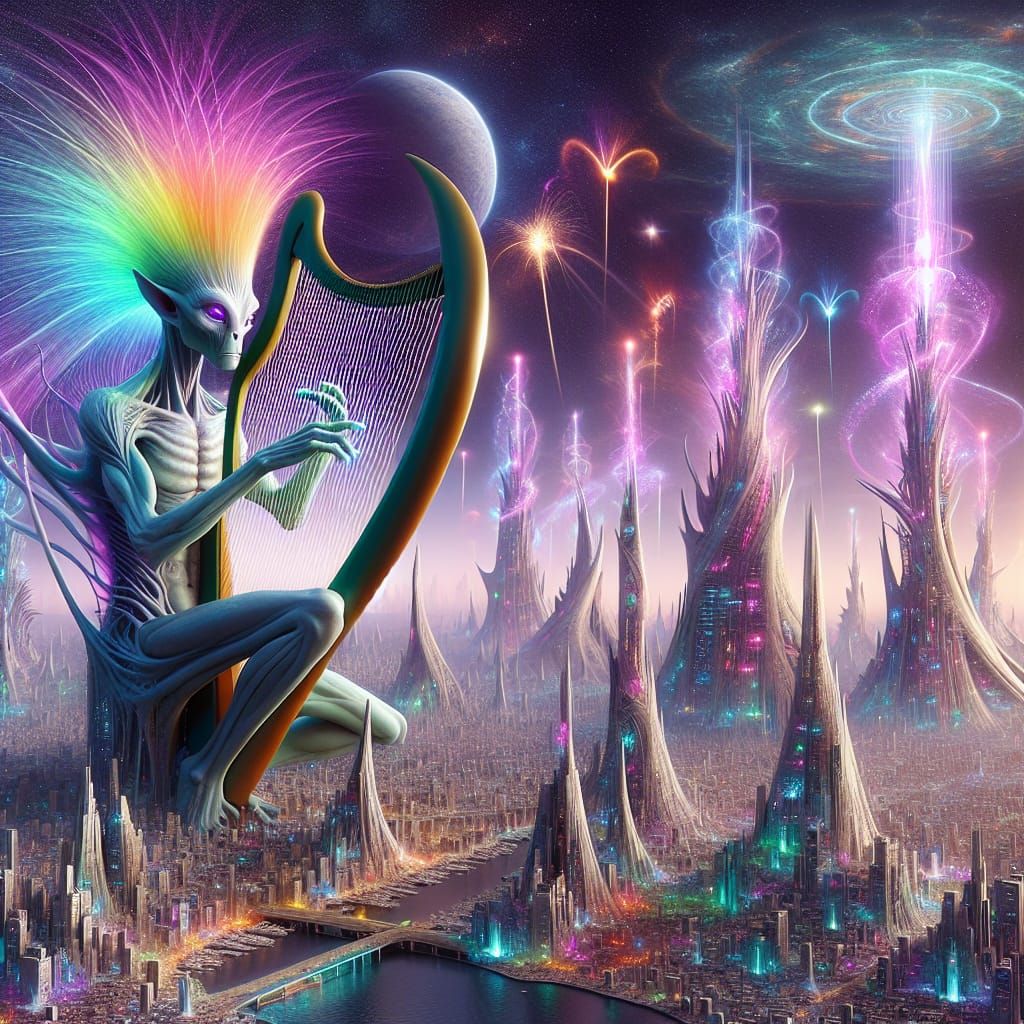 Extraterrestrial Cityscape with Alien Harpist and Tower