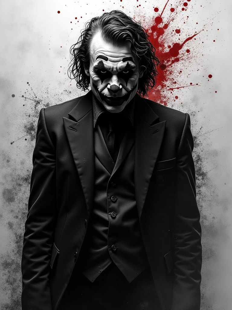 Sinister Joker in Black and White with Blood Splatter