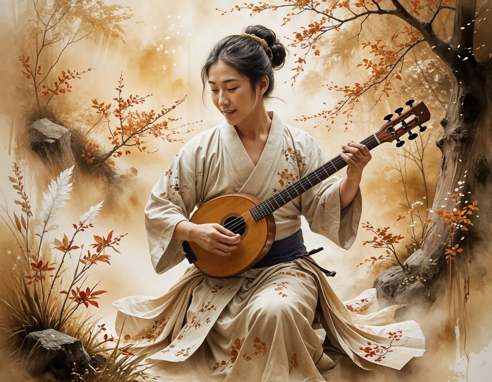 Soulful Shamisen Musician in Harmony with the Spirits